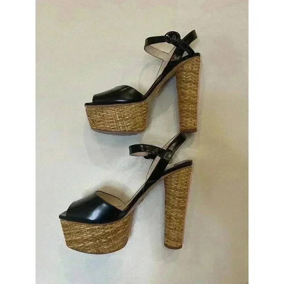 Prada Platform Sandals Wicker Black Patent Leather High Heels Pumps EU 40 US 10 - Picture 6 of 16